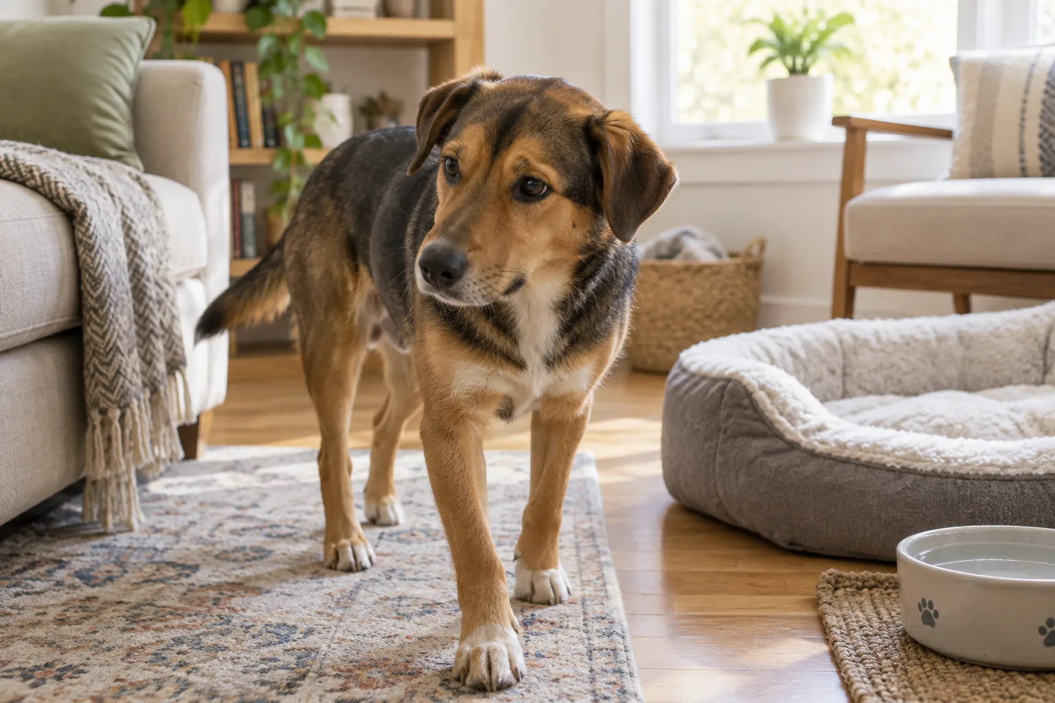 Un chien découvre calmement son nouvel espace de repos dans une maison lumineuse.