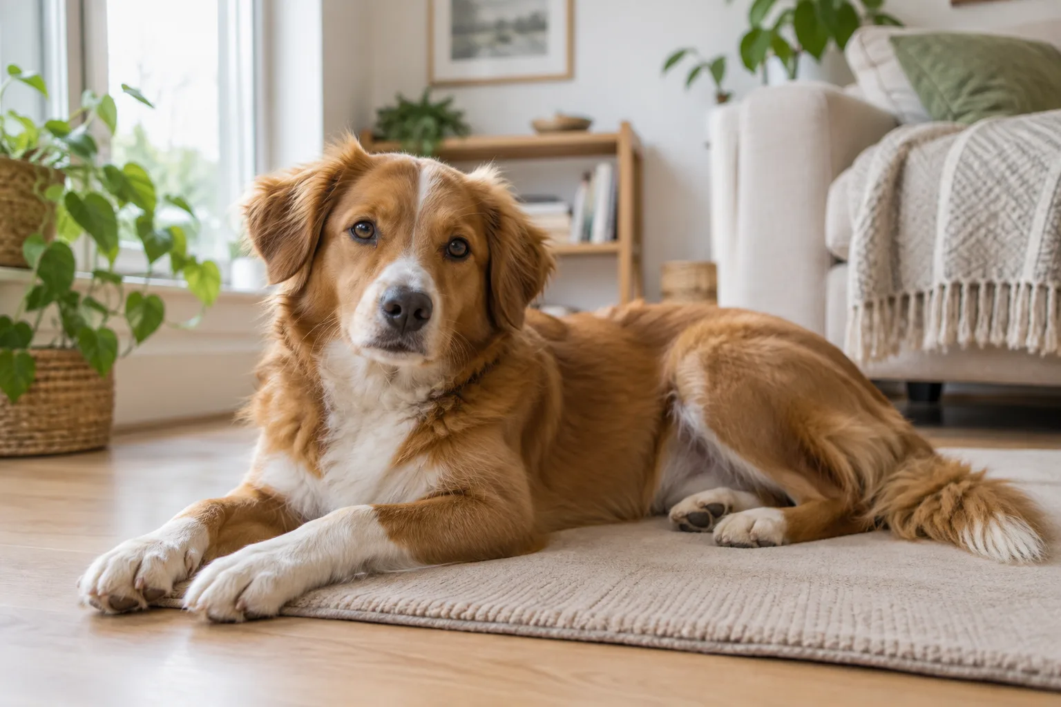Un chien détendu est allongé sur son tapis dans un salon lumineux.