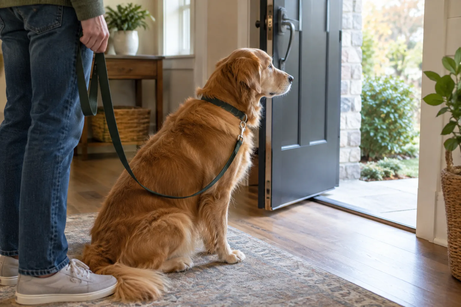Un chien attend calmement à l’intérieur près d’une porte ouverte, tenu en laisse par son maître.