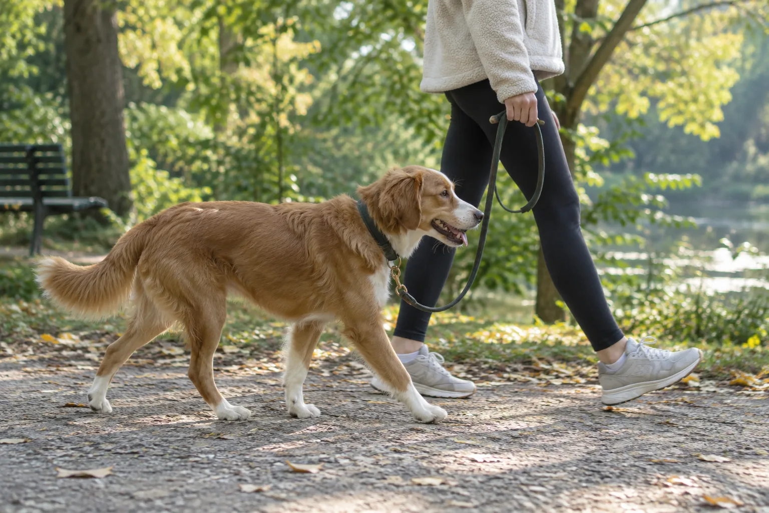 Un chien marche près de son propriétaire dans un parc, avec une laisse détendue.