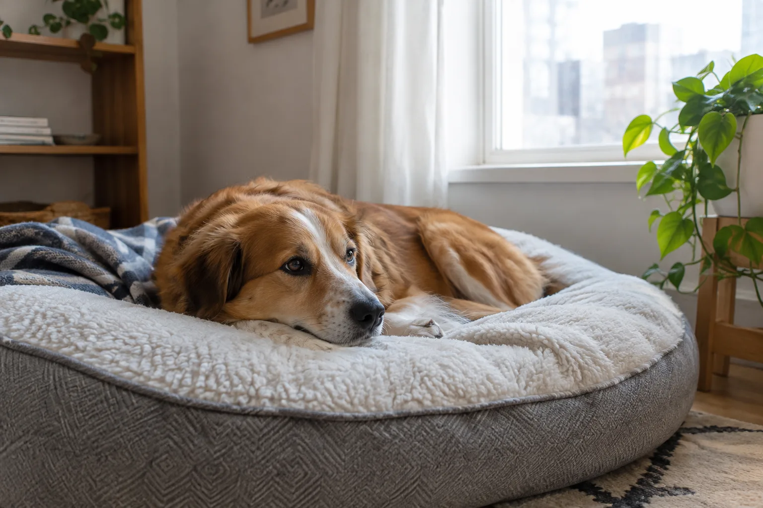 Un chien détendu se repose sur son panier dans une pièce lumineuse.