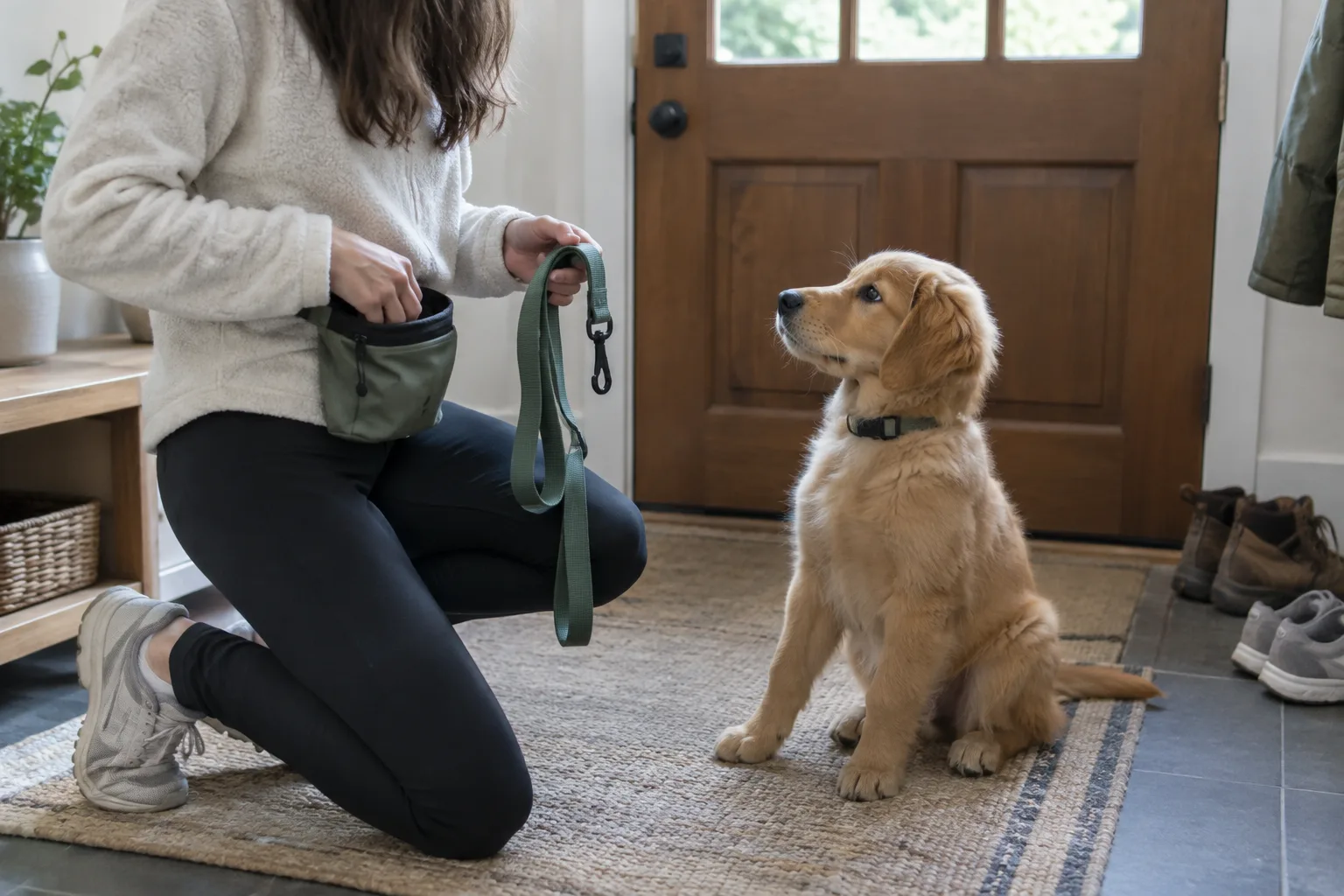 Un propriétaire prépare la laisse près de la porte tandis que son chiot attend.