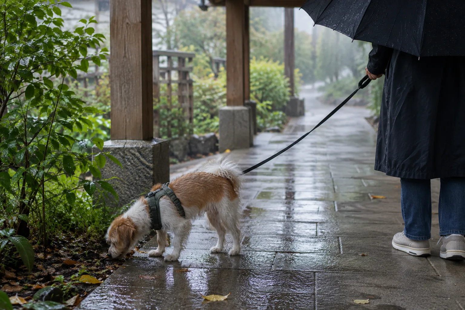 Un petit chien renifle calmement un passage extérieur abrité pendant une journée pluvieuse.
