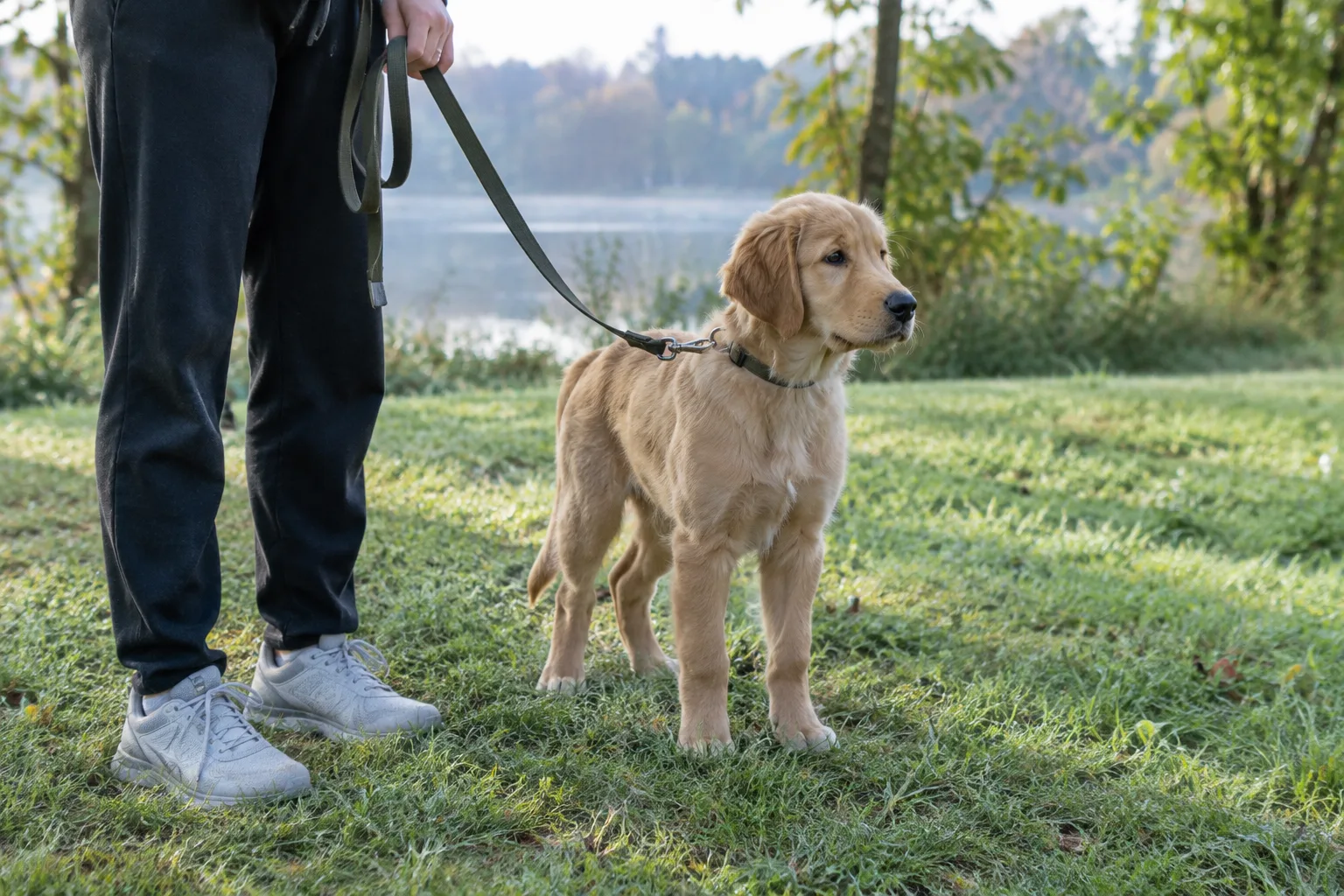 Un chiot en laisse découvre un coin d’herbe calme lors d’une sortie.