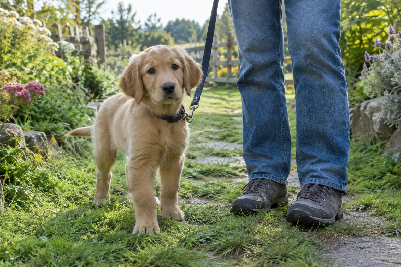 Un chiot se tient sur un chemin herbeux à l’extérieur, près de son propriétaire.