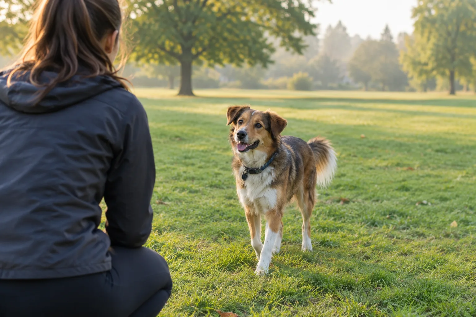 Un chien se retourne vers son maître pendant un exercice de rappel dans un parc.