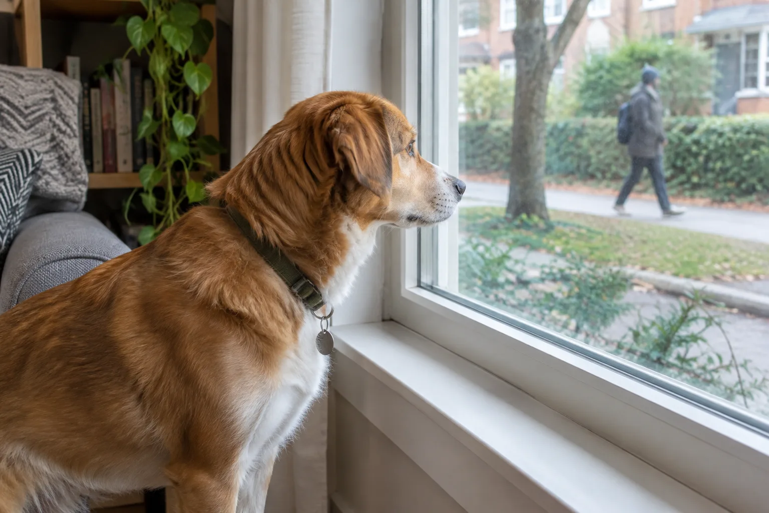Un chien observe un passant à travers la fenêtre depuis l’intérieur d’une maison.