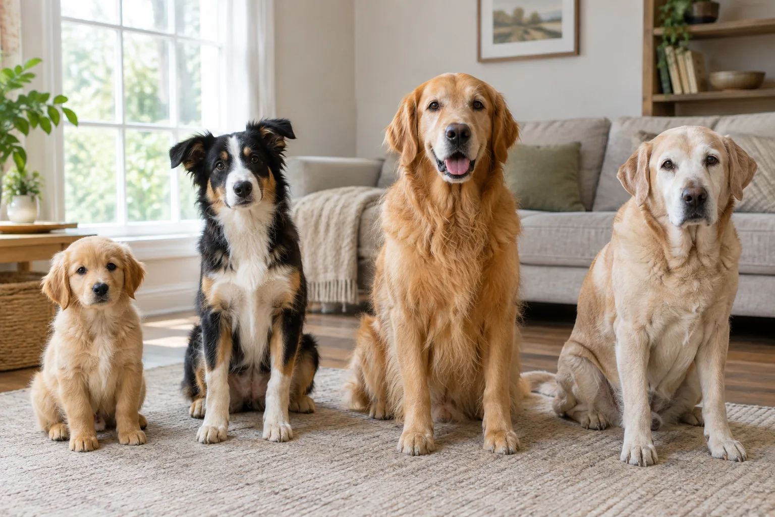 Un chiot, un jeune chien, un adulte et un senior réunis dans une pièce lumineuse.