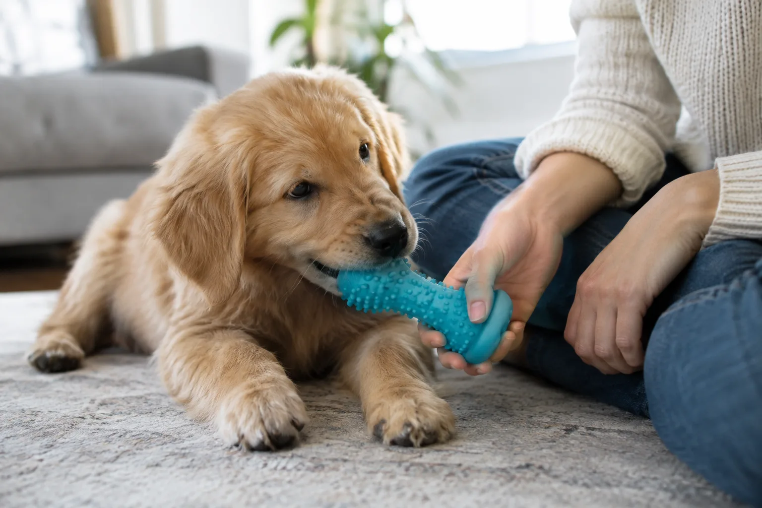Un chiot mordille un jouet proposé par son propriétaire, assis près de lui.