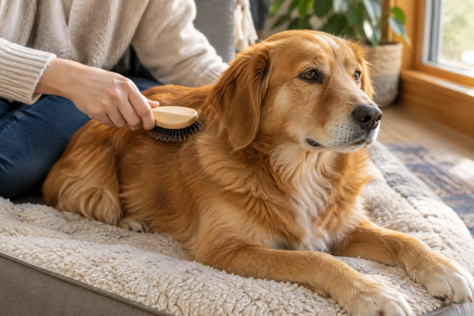 Un chien détendu est brossé doucement à la maison.