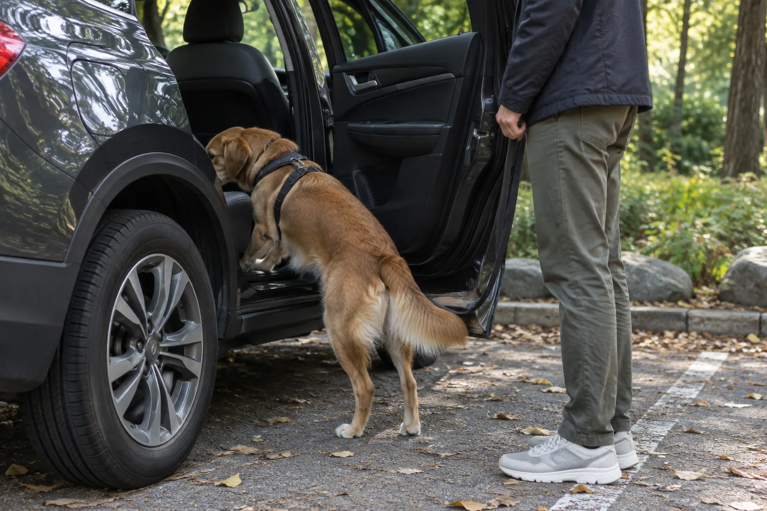 Un chien observe l’intérieur d’une voiture à l’arrêt, accompagné calmement par son propriétaire.