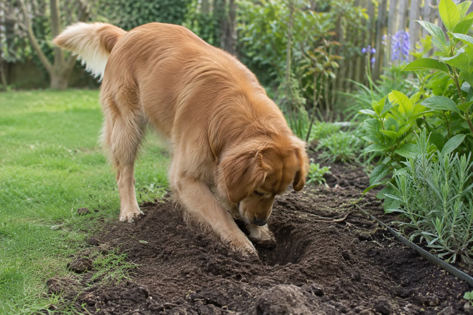 Un chien creuse la terre dans un coin de jardin prévu pour cette activité.