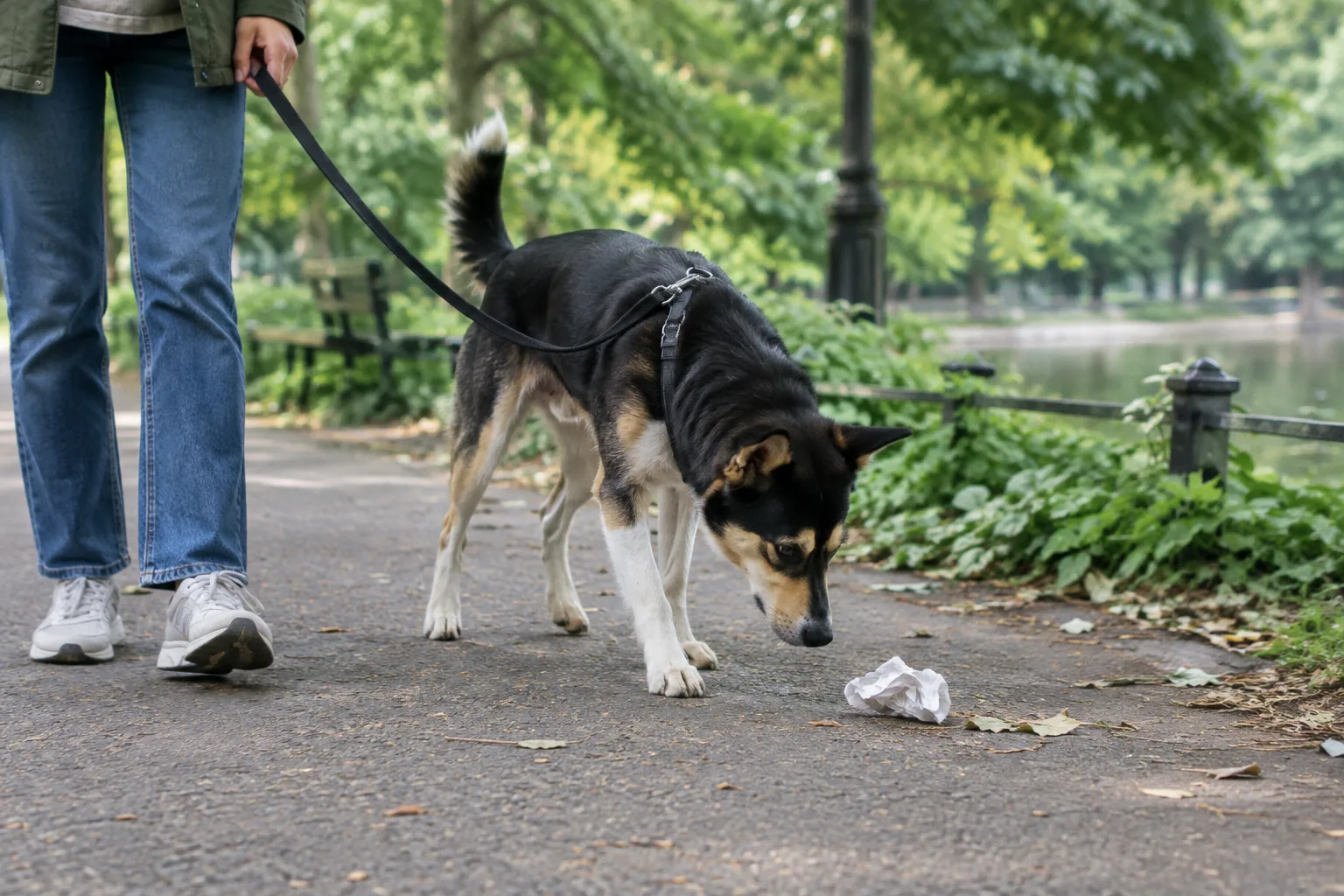 Un chien en laisse renifle le bord d’un chemin tandis que son maître reste à proximité.