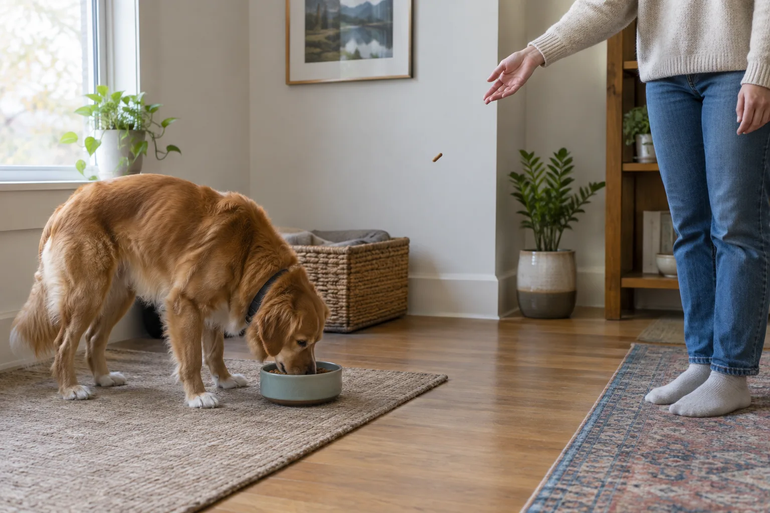Un chien mange dans un endroit calme tandis qu’une personne reste à distance.