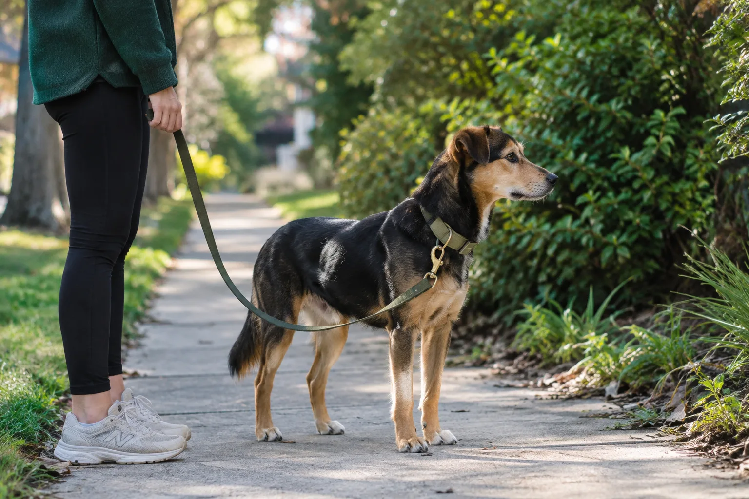 Un chien s’arrête sur un trottoir calme tandis que son maître tient une laisse détendue.