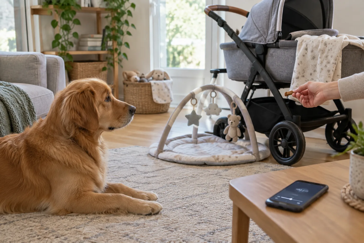 Un chien découvre une poussette à distance tandis qu’une main lui propose une friandise.