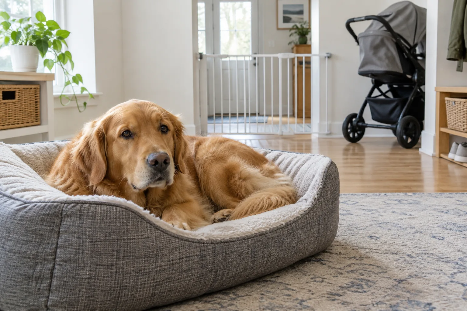 Un chien se repose près d’une poussette dans une maison lumineuse.