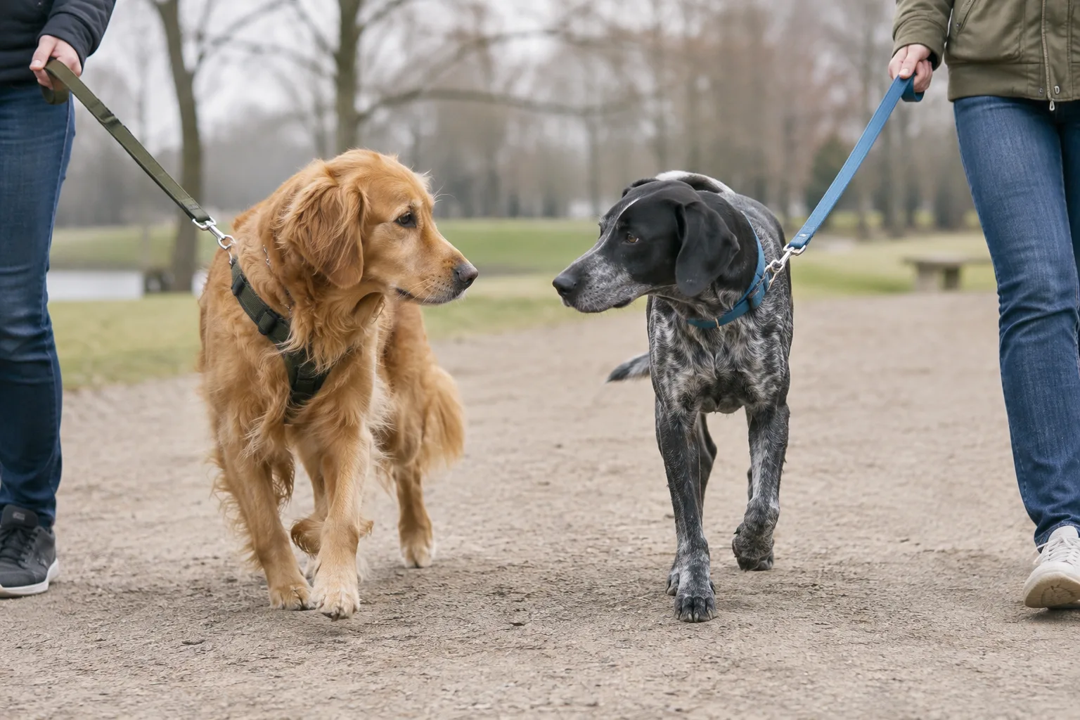 Deux chiens marchent côte à côte à distance, tenus en laisse dans un parc.