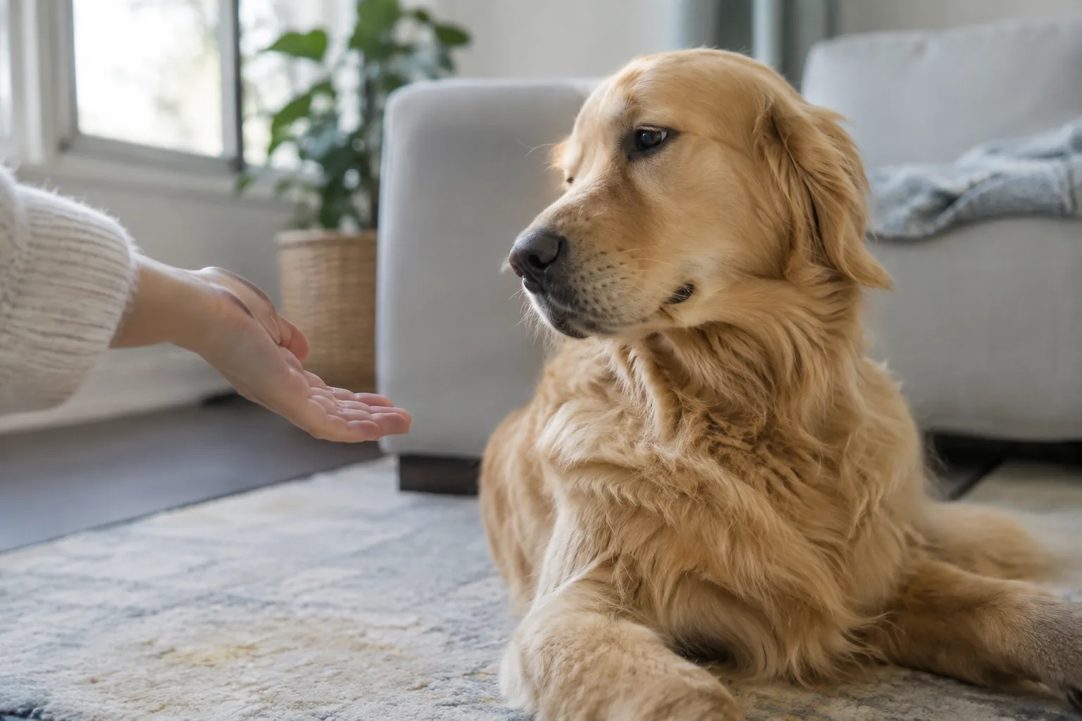 Un chien détourne doucement la tête pendant qu’une main s’approche de lui.