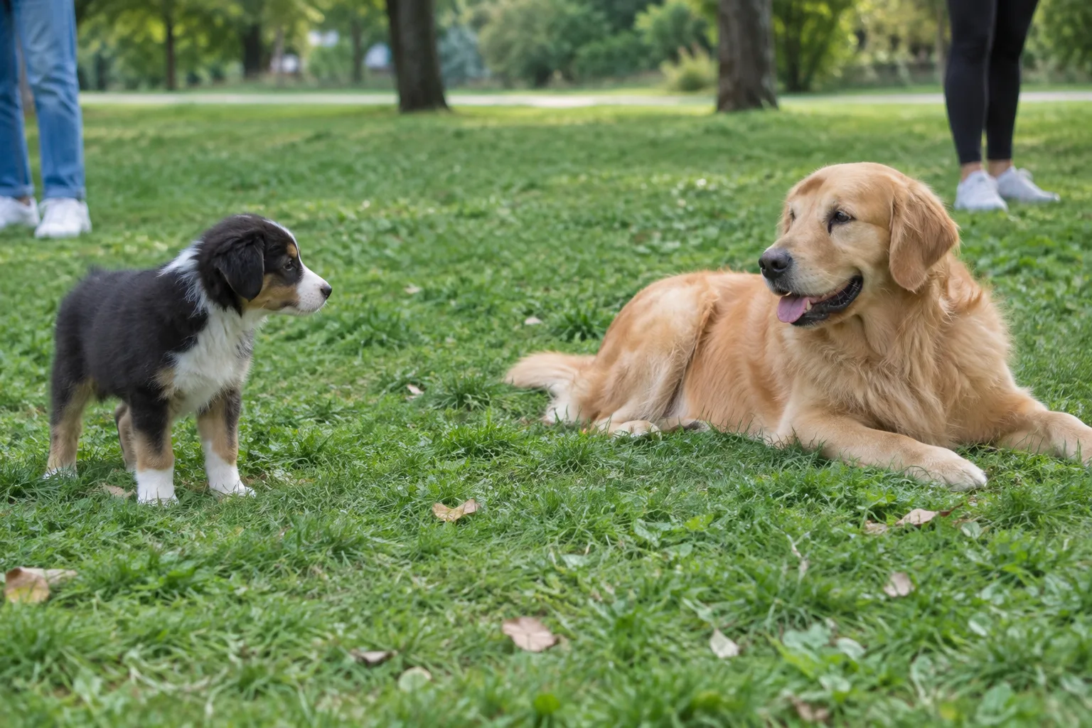 Un chiot observe un chien adulte calme à distance dans un parc.