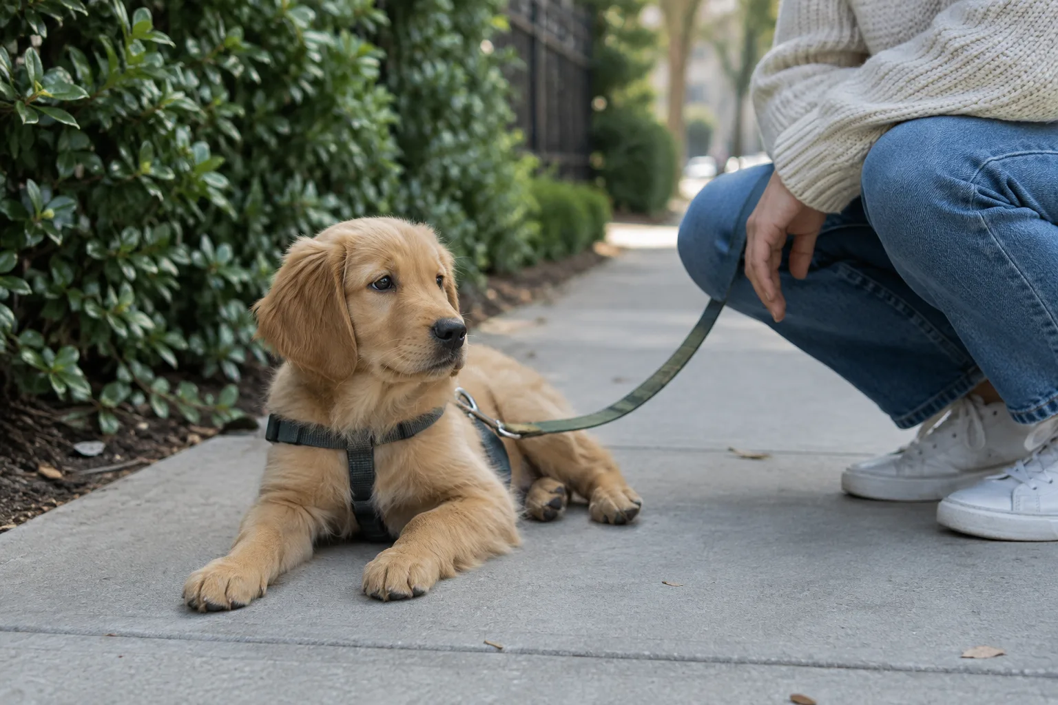 Un chiot fait une pause sur un trottoir calme auprès de son propriétaire.
