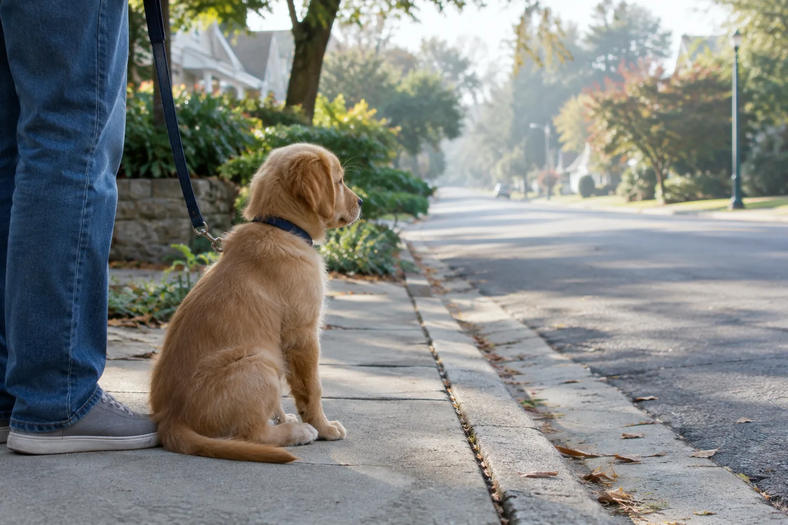 Un chiot observe calmement une rue tranquille près de son propriétaire.